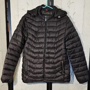 Black Puffer Jacket with Hood and Quilted Design